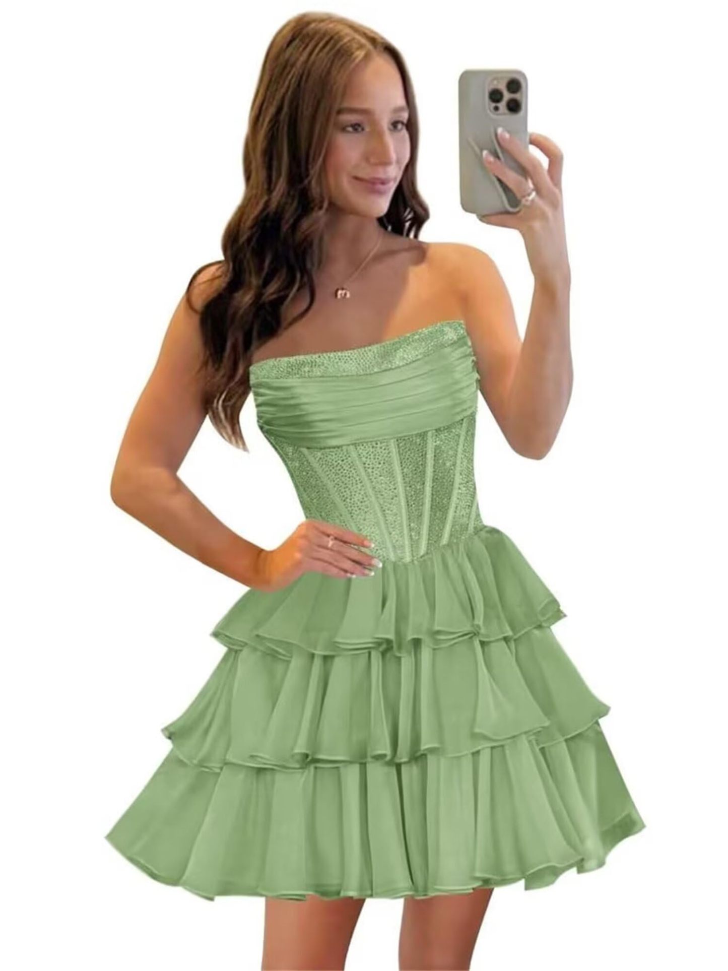 Strapless Sequin Chiffon Tiered Homecoming Dresses| A-Line Ruched Corset Short Prom Dresses