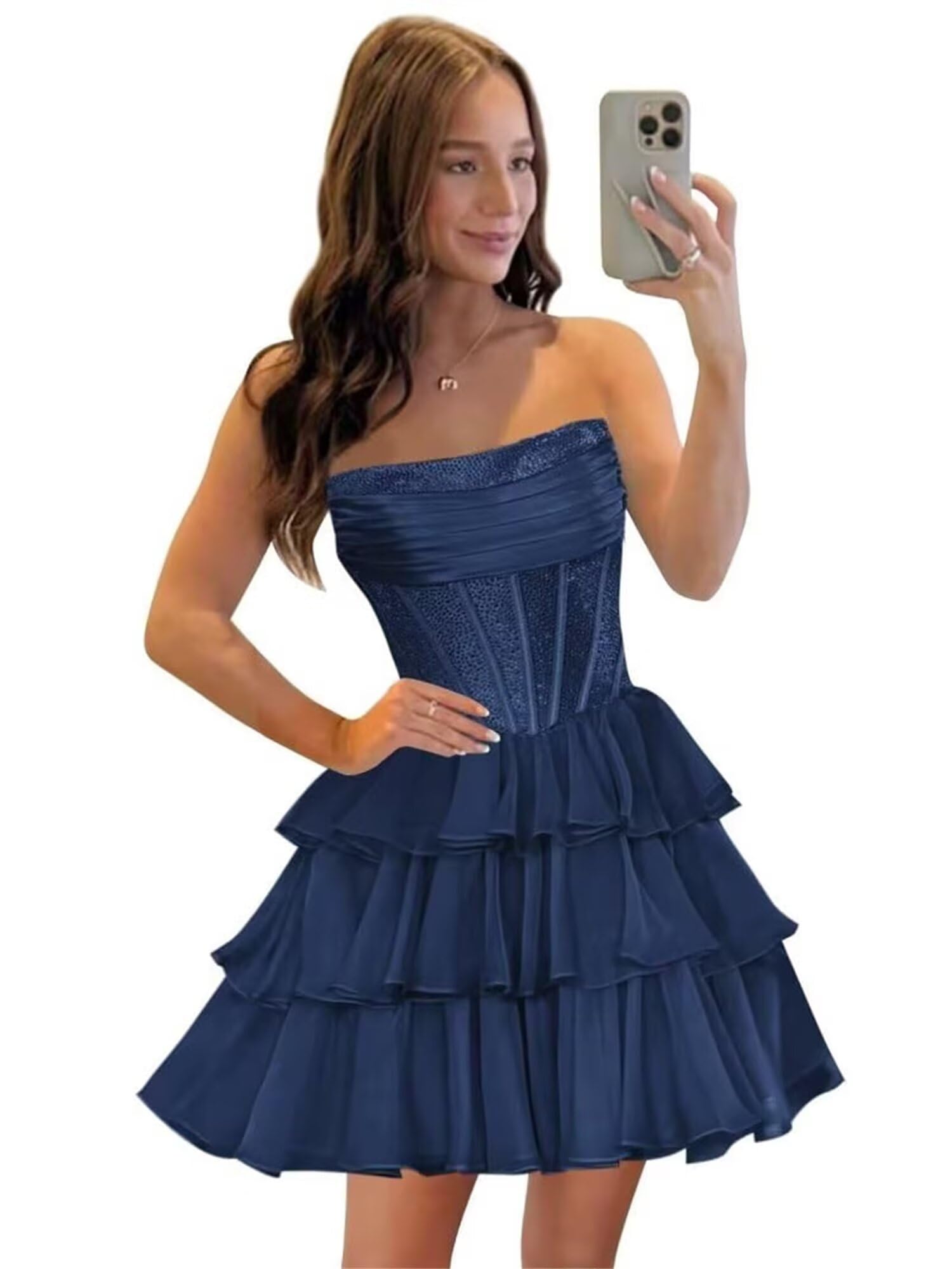Strapless Sequin Chiffon Tiered Homecoming Dresses| A-Line Ruched Corset Short Prom Dresses
