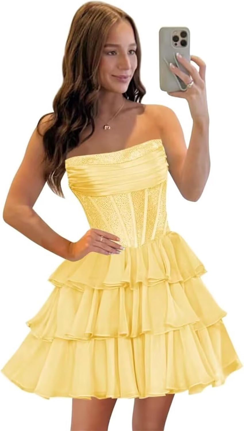 Strapless Sequin Chiffon Tiered Homecoming Dresses| A-Line Ruched Corset Short Prom Dresses