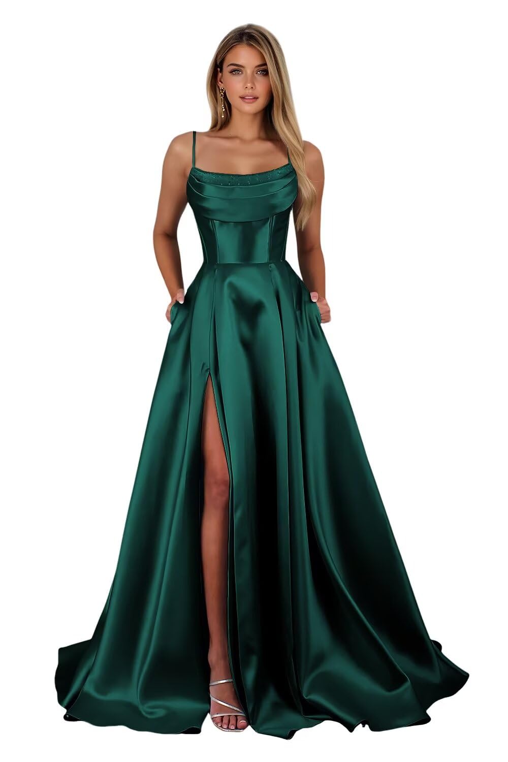 Spaghetti Straps Ruched Satin Prom Dresses Sleeveless Maxi Formal Evening Gown with Slit