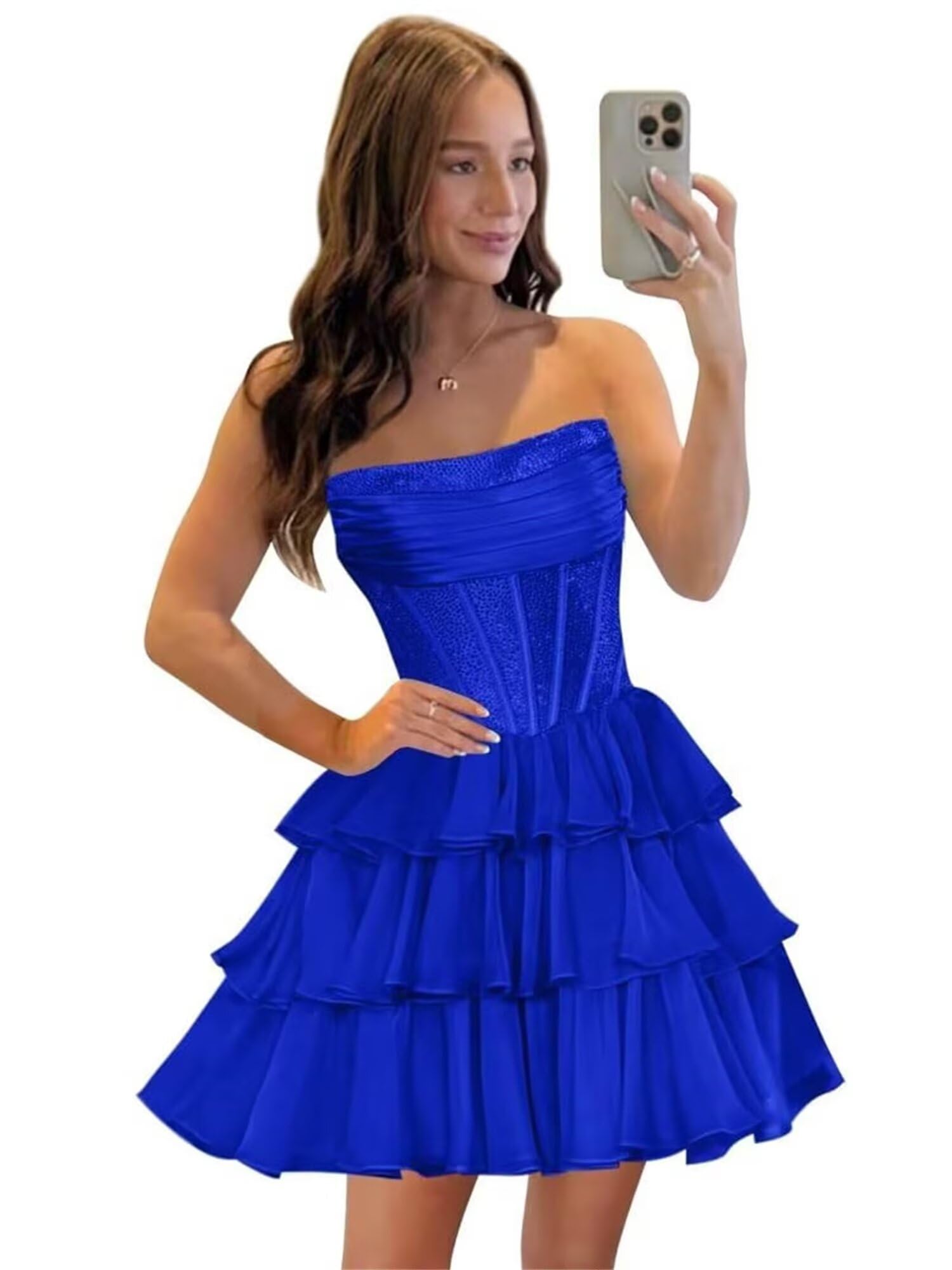 Strapless Sequin Chiffon Tiered Homecoming Dresses| A-Line Ruched Corset Short Prom Dresses