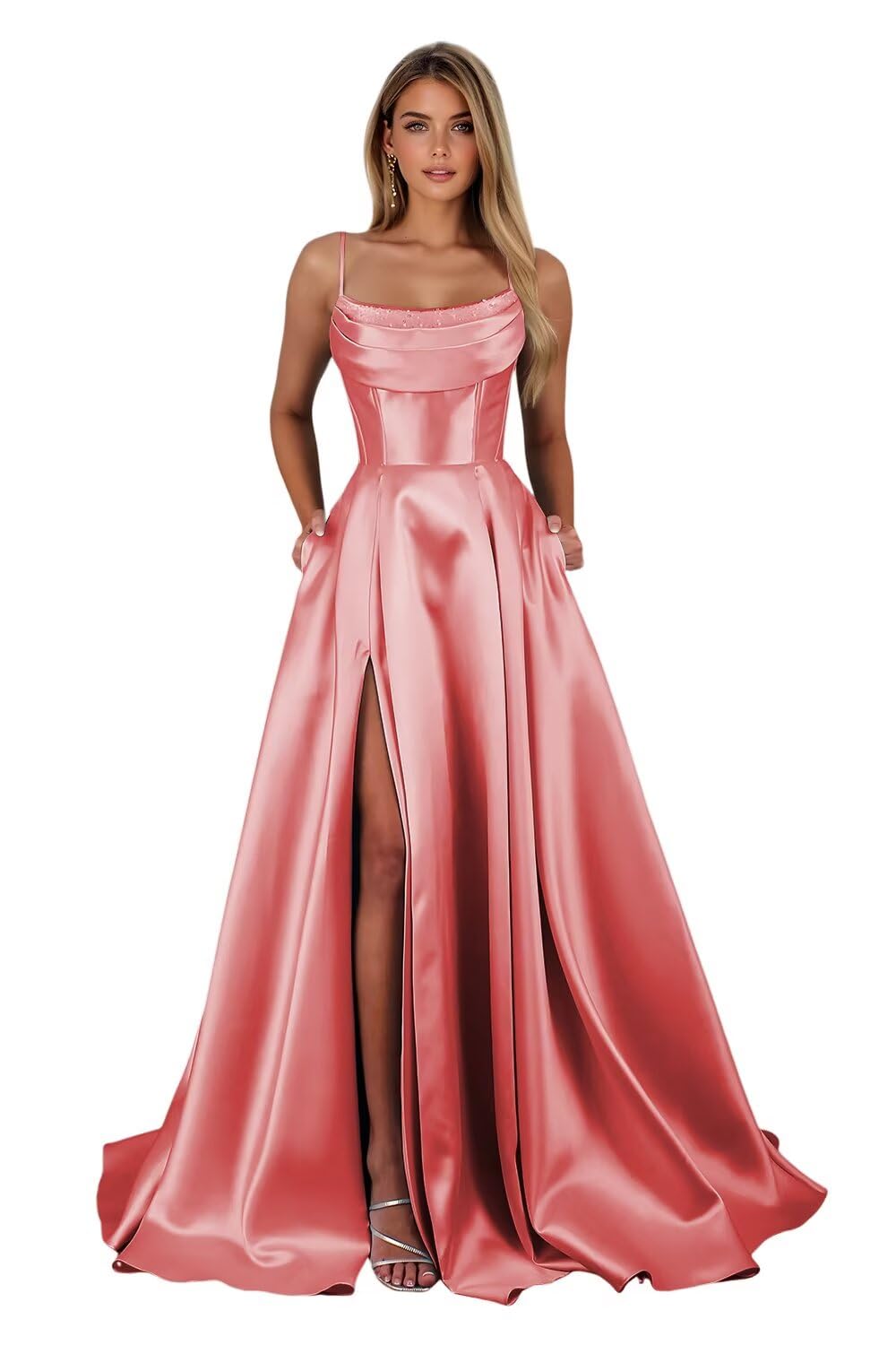 Spaghetti Straps Ruched Satin Prom Dresses Sleeveless Maxi Formal Evening Gown with Slit
