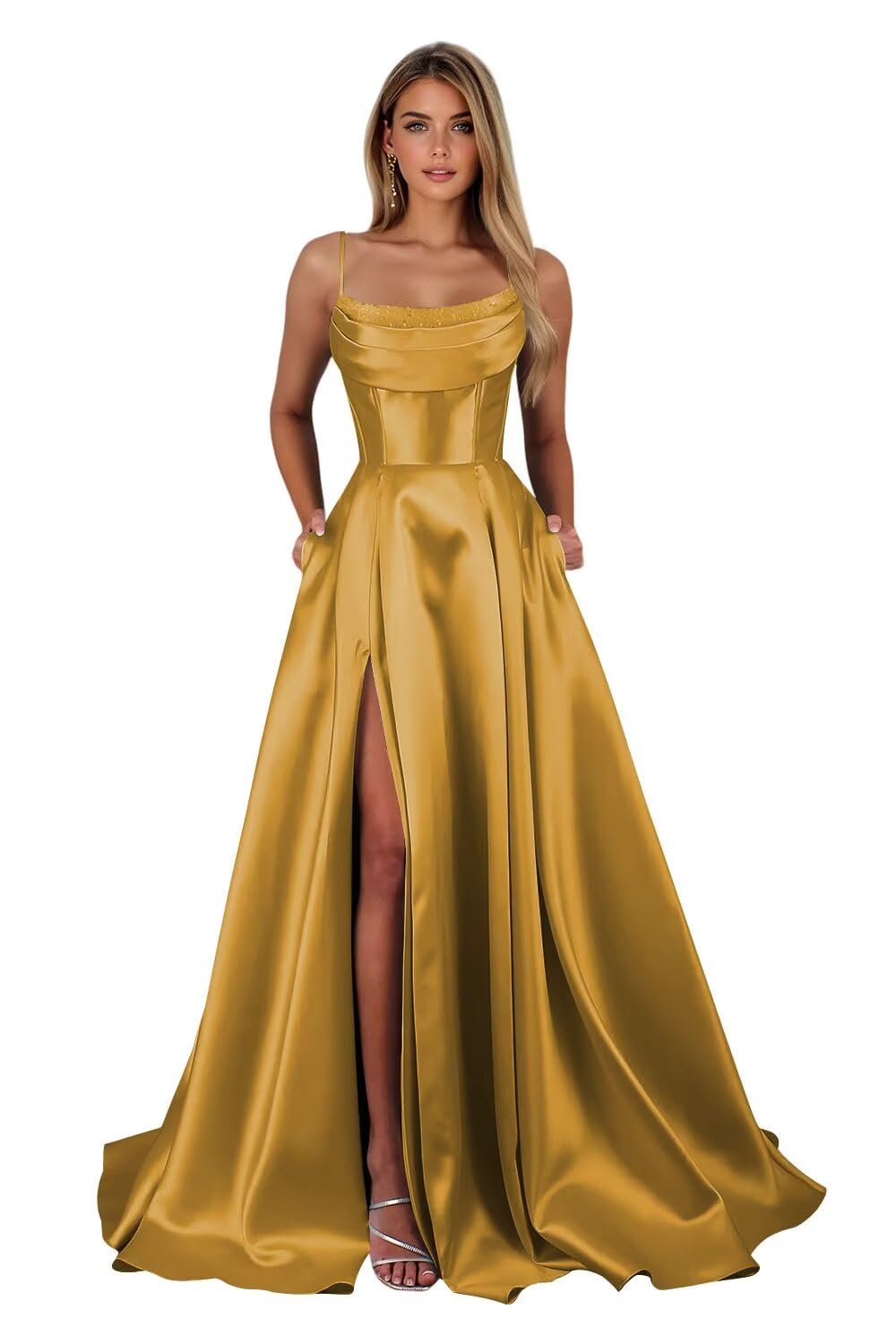 Spaghetti Straps Ruched Satin Prom Dresses Sleeveless Maxi Formal Evening Gown with Slit