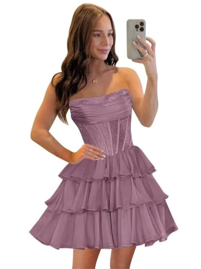 Strapless Sequin Chiffon Tiered Homecoming Dresses| A-Line Ruched Corset Short Prom Dresses