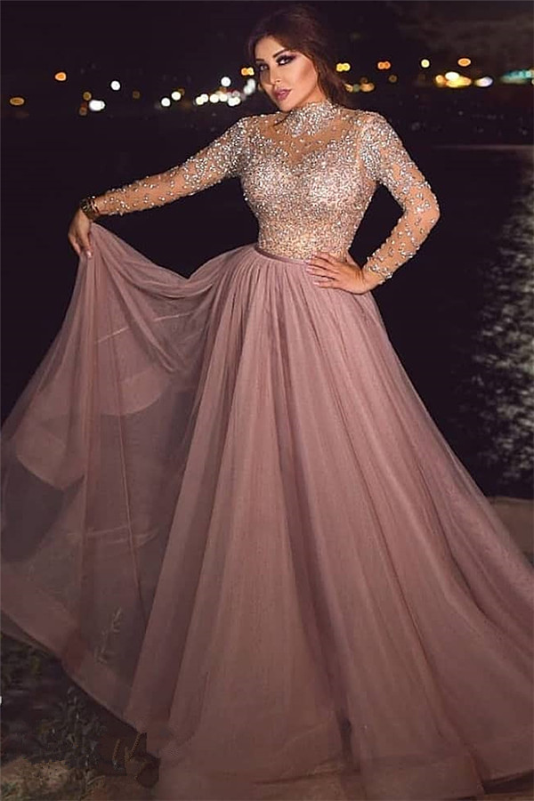 Beading A-line High-neck Evening Dresses | Floor Length Prom Dresses