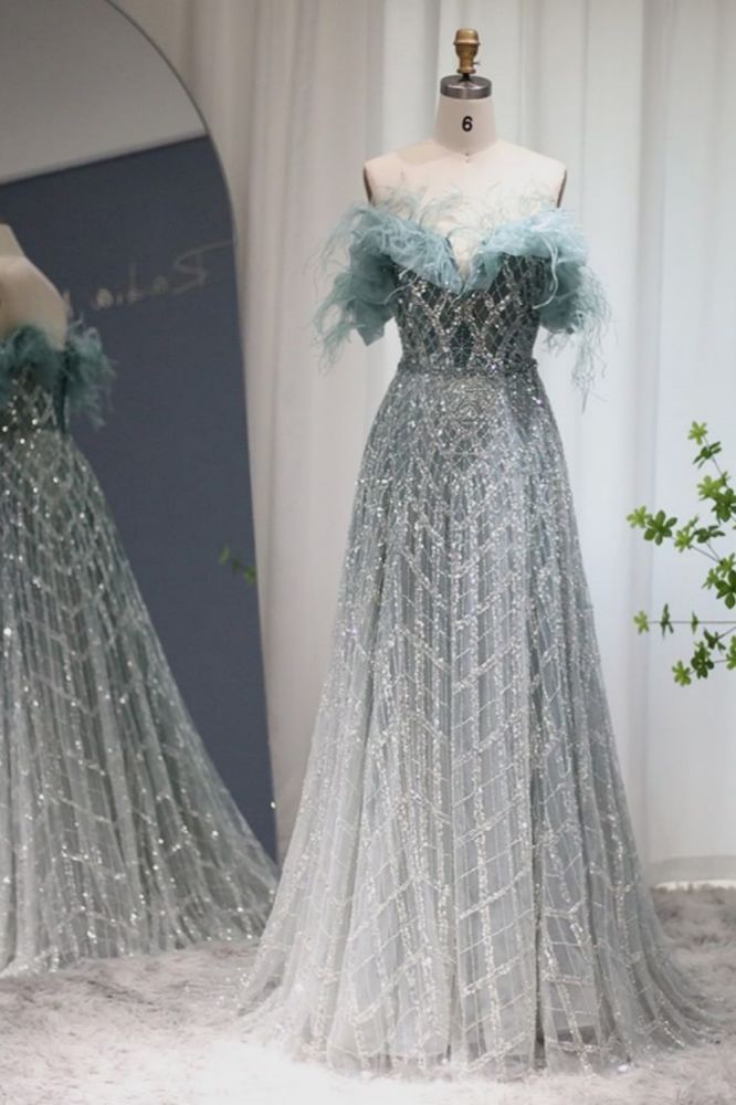 Gorgeous Off-the-Shoulder Feathers Sequins Aline Evening Dress with Beading Party Gowns for Women
