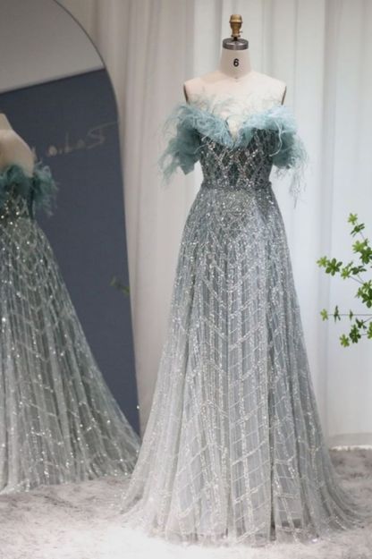 Gorgeous Off-the-Shoulder Feathers Sequins Aline Evening Dress with Beading Party Gowns for Women