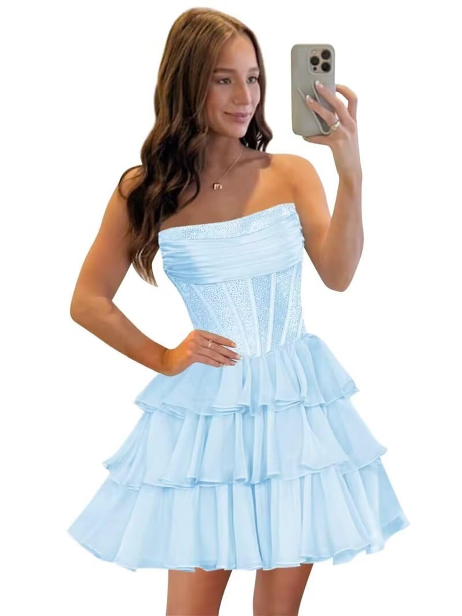 Strapless Sequin Chiffon Tiered Homecoming Dresses| A-Line Ruched Corset Short Prom Dresses