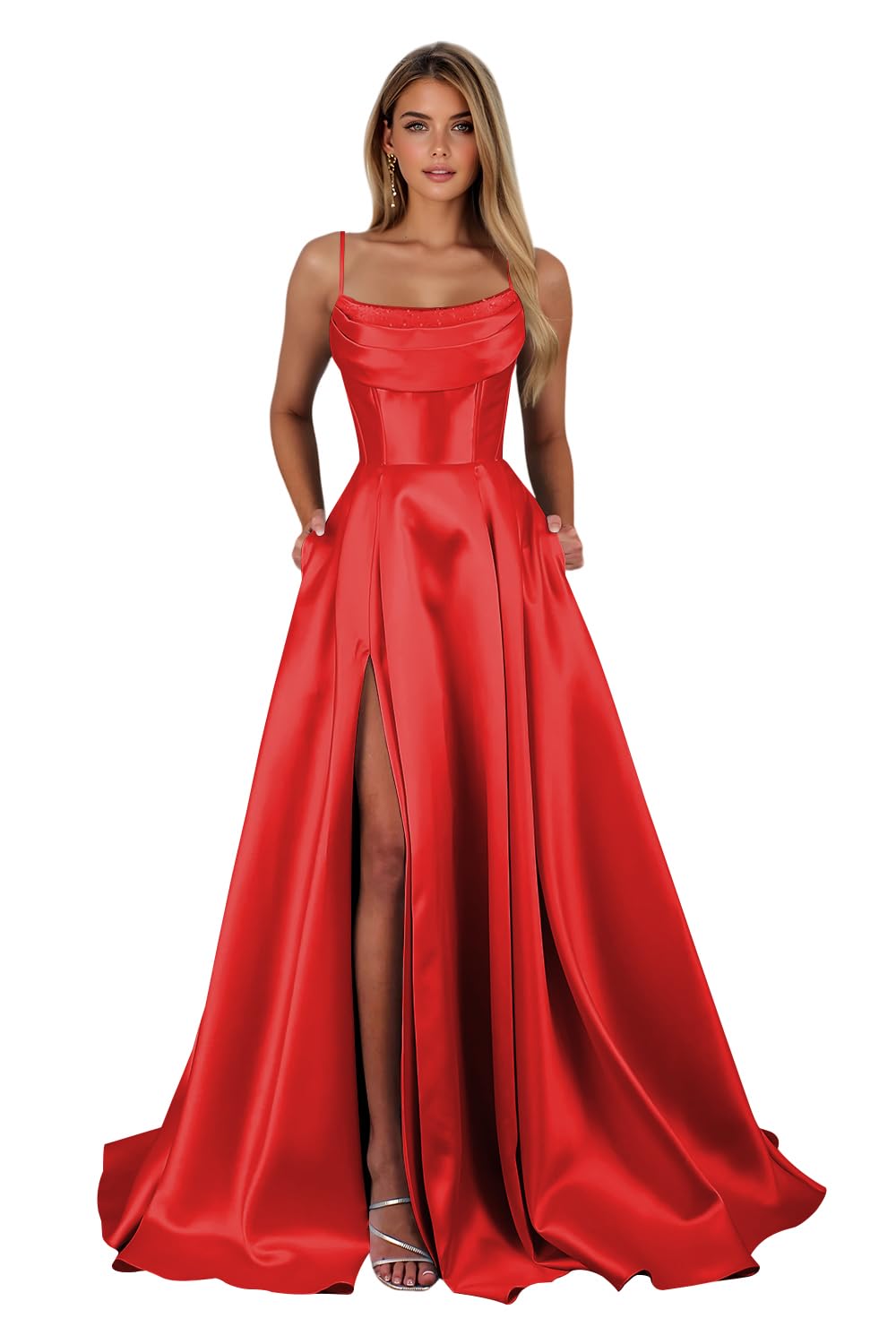 Spaghetti Straps Ruched Satin Prom Dresses Sleeveless Maxi Formal Evening Gown with Slit