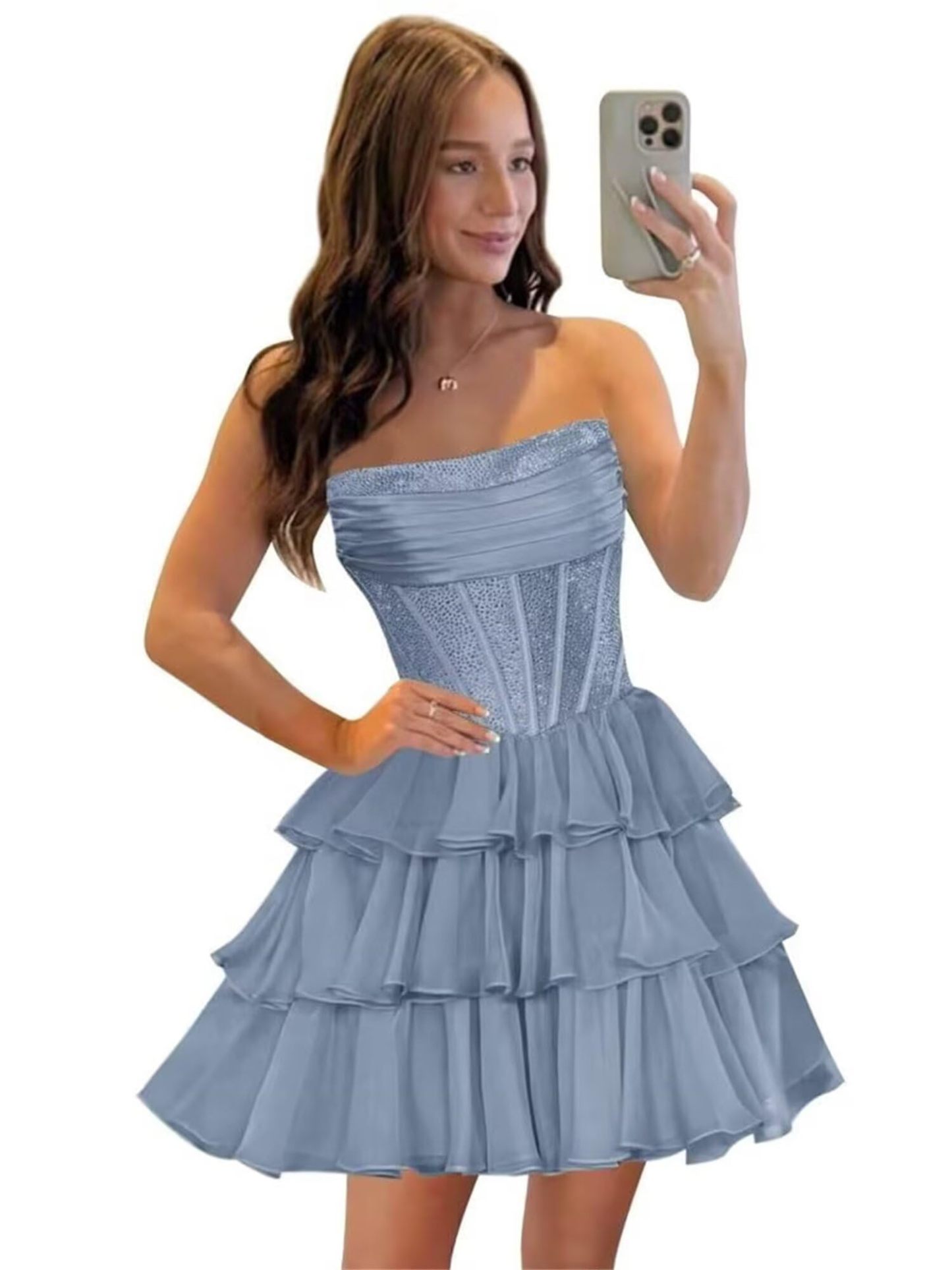 Strapless Sequin Chiffon Tiered Homecoming Dresses| A-Line Ruched Corset Short Prom Dresses