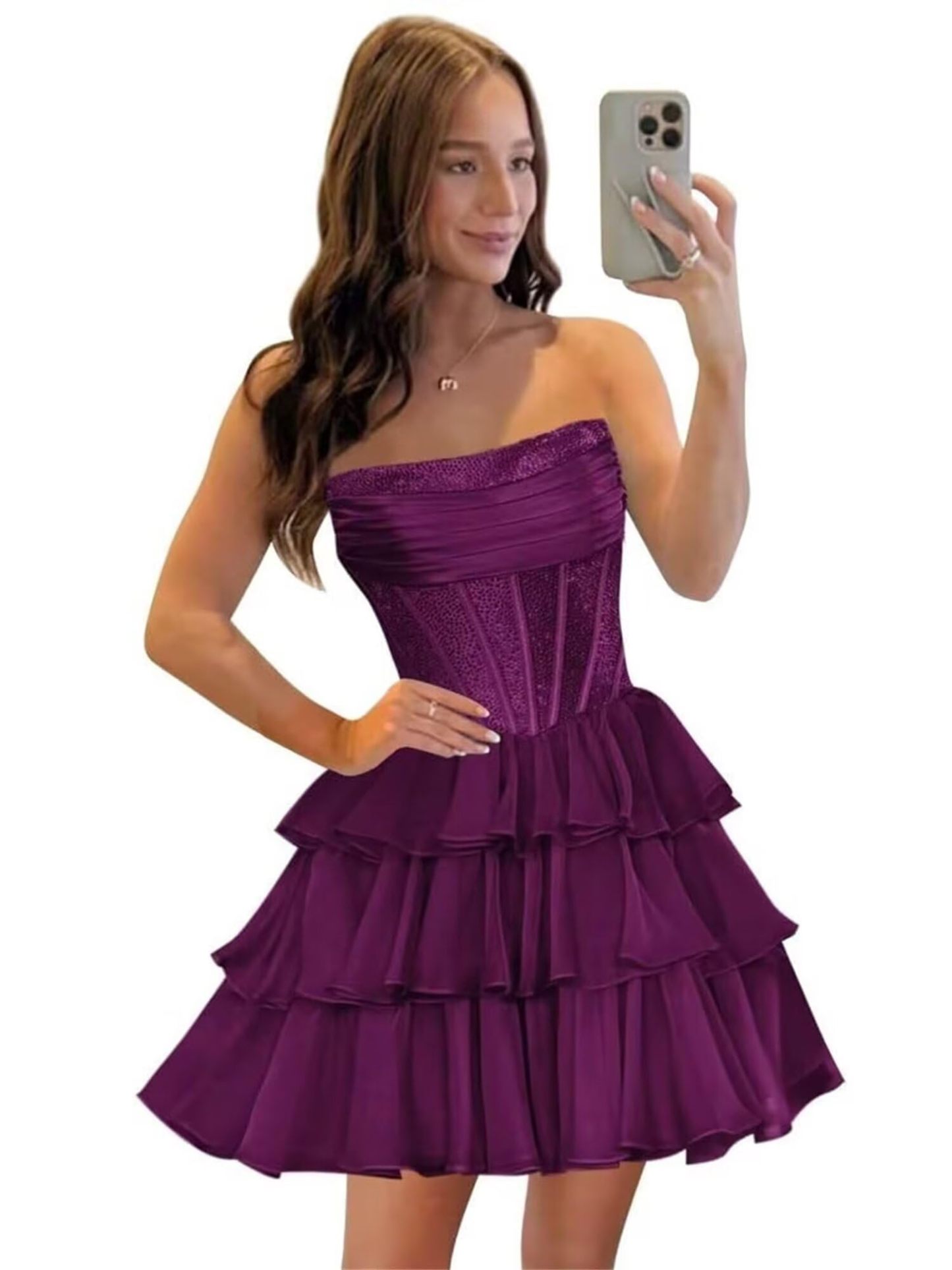 Strapless Sequin Chiffon Tiered Homecoming Dresses| A-Line Ruched Corset Short Prom Dresses