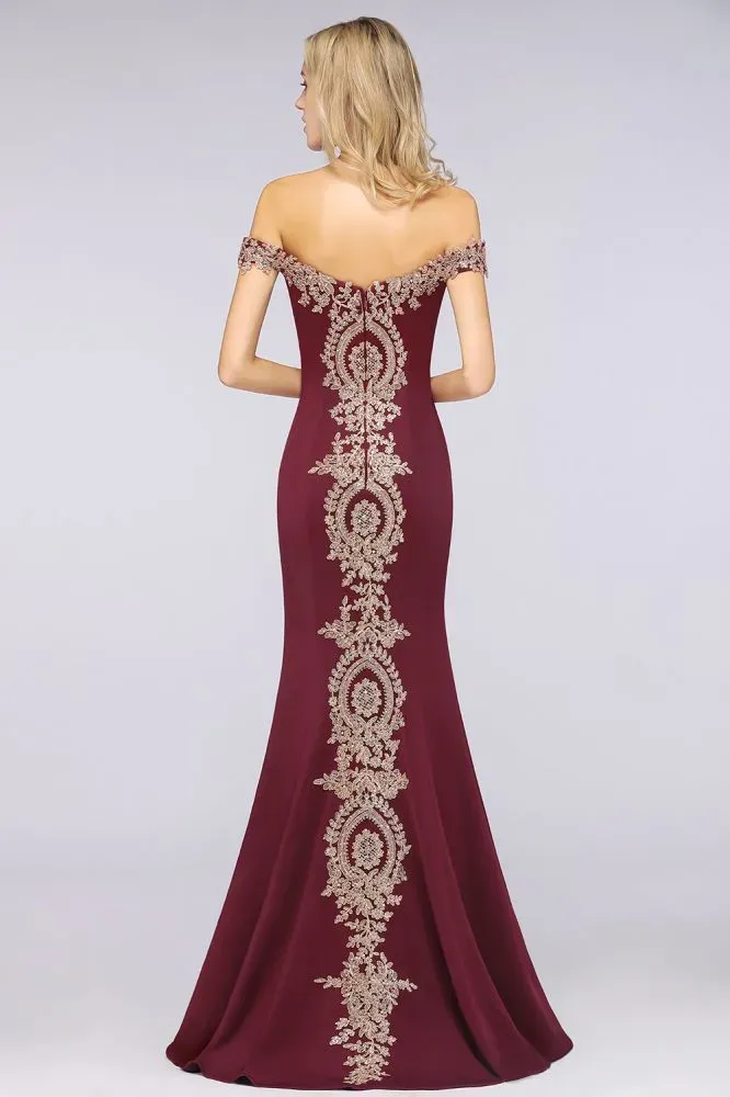 Simple Off-the-shoulder Burgundy Formal Dress with Lace Appliques
