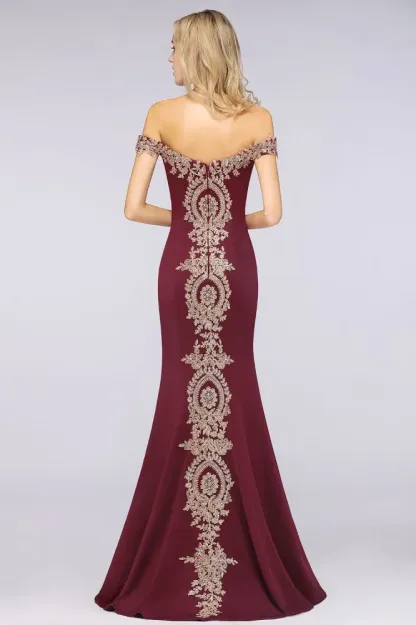 Simple Off-the-shoulder Burgundy Formal Dress with Lace Appliques