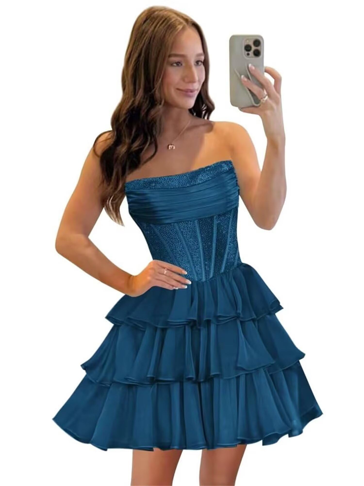 Strapless Sequin Chiffon Tiered Homecoming Dresses| A-Line Ruched Corset Short Prom Dresses