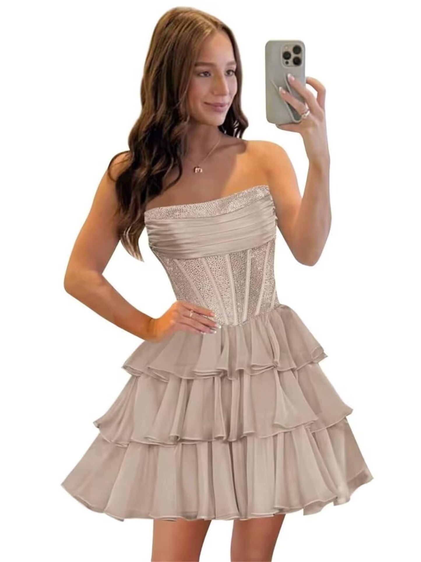 Strapless Sequin Chiffon Tiered Homecoming Dresses| A-Line Ruched Corset Short Prom Dresses