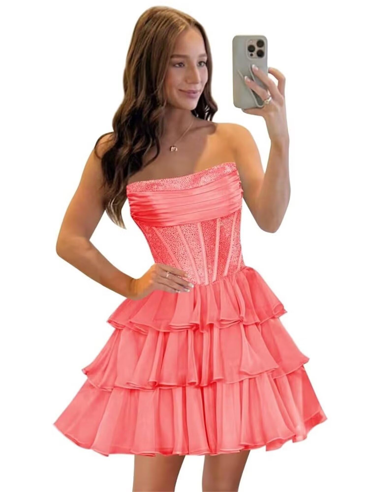 Strapless Sequin Chiffon Tiered Homecoming Dresses| A-Line Ruched Corset Short Prom Dresses