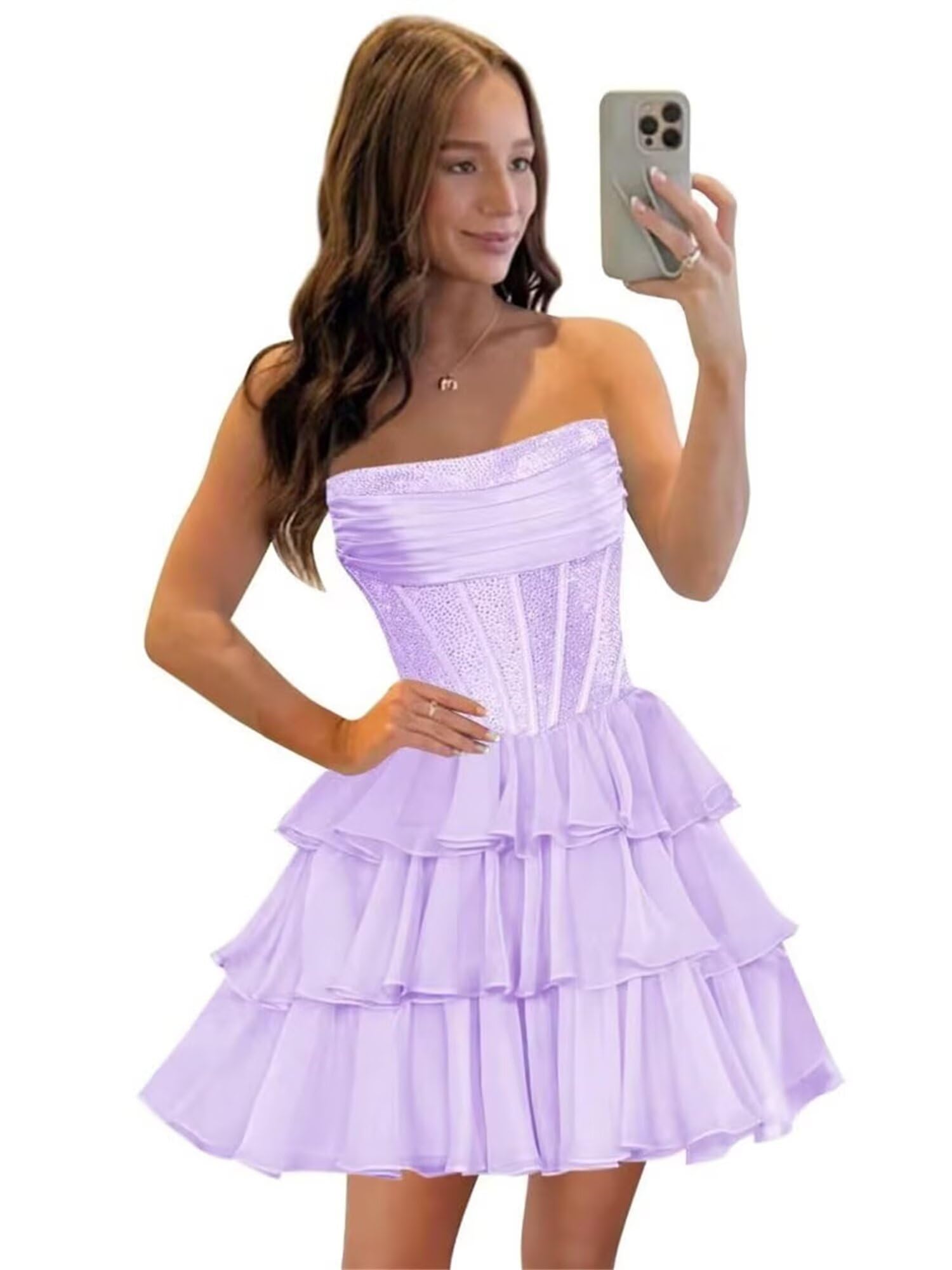 Strapless Sequin Chiffon Tiered Homecoming Dresses| A-Line Ruched Corset Short Prom Dresses