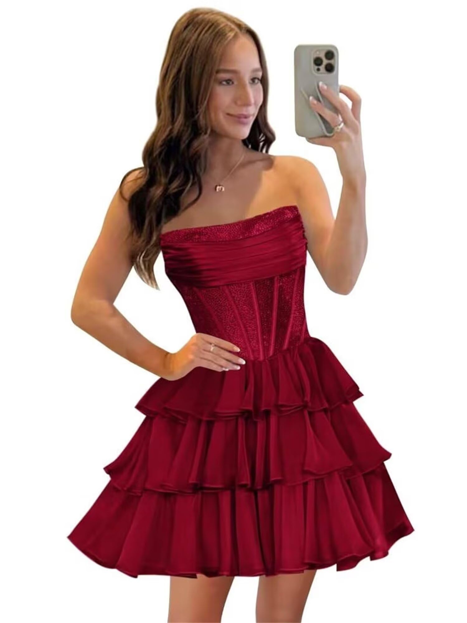 Strapless Sequin Chiffon Tiered Homecoming Dresses| A-Line Ruched Corset Short Prom Dresses