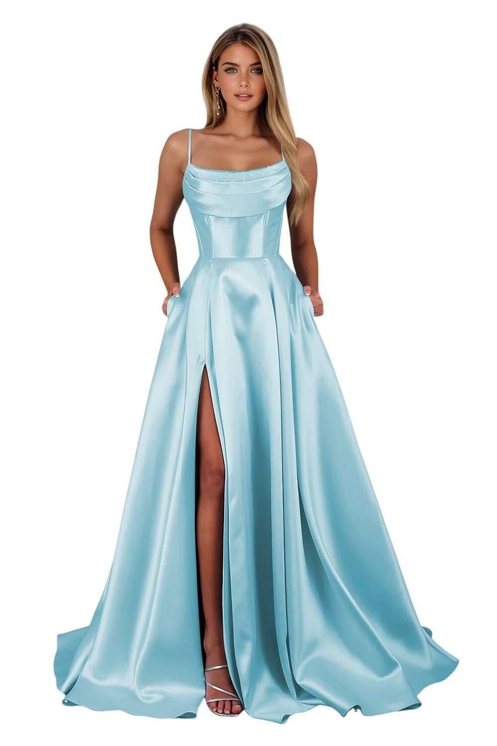 Spaghetti Straps Ruched Satin Prom Dresses Sleeveless Maxi Formal Evening Gown with Slit