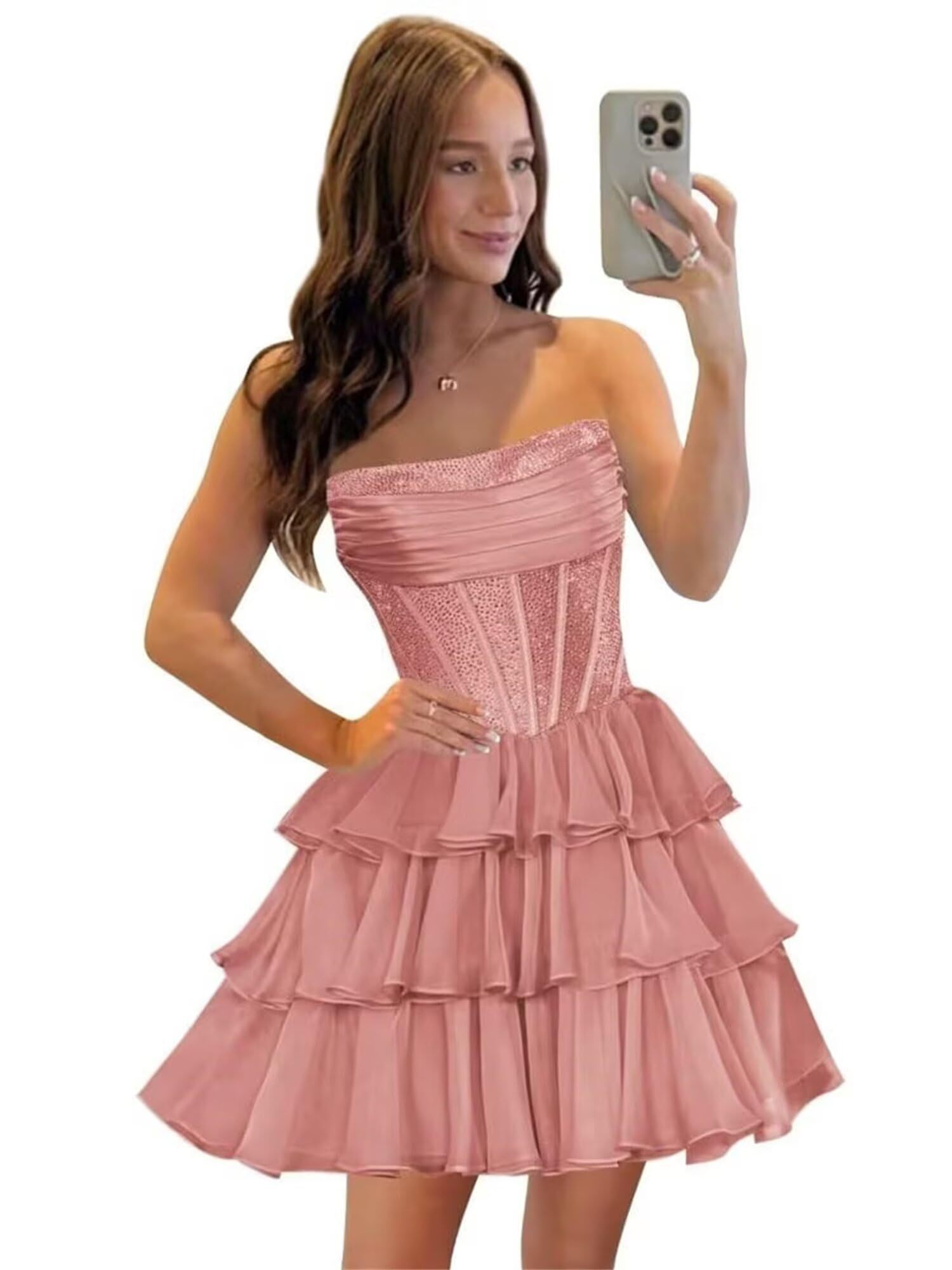 Strapless Sequin Chiffon Tiered Homecoming Dresses| A-Line Ruched Corset Short Prom Dresses