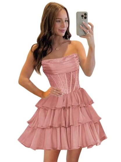 Strapless Sequin Chiffon Tiered Homecoming Dresses| A-Line Ruched Corset Short Prom Dresses