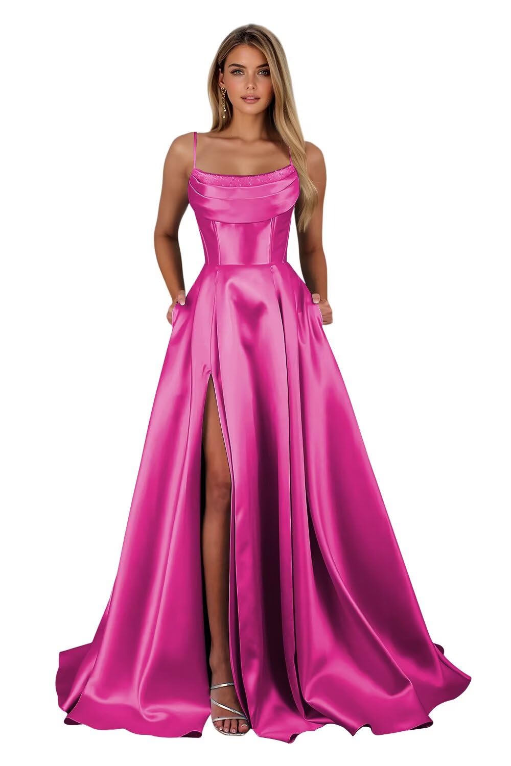 Spaghetti Straps Ruched Satin Prom Dresses Sleeveless Maxi Formal Evening Gown with Slit