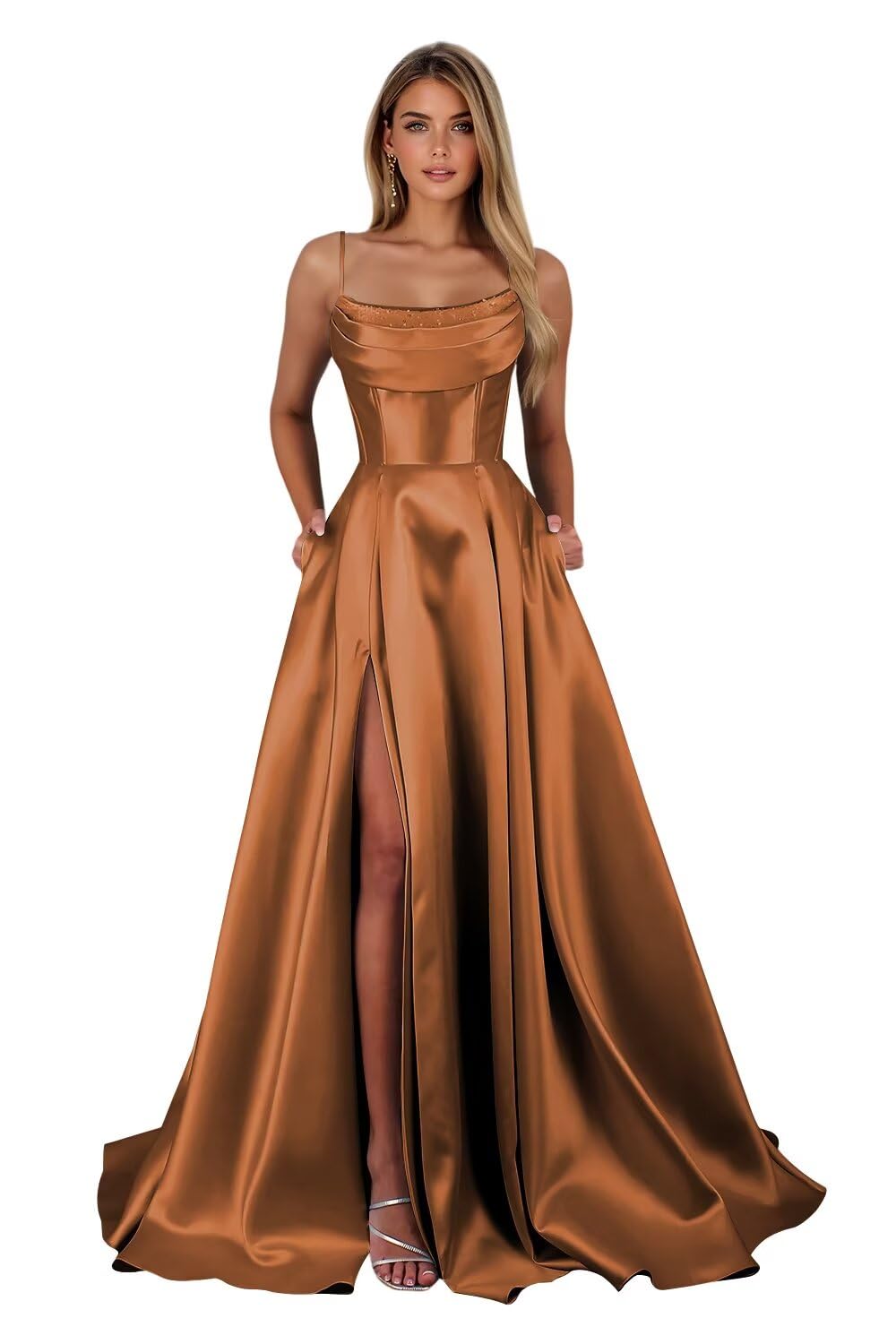Spaghetti Straps Ruched Satin Prom Dresses Sleeveless Maxi Formal Evening Gown with Slit