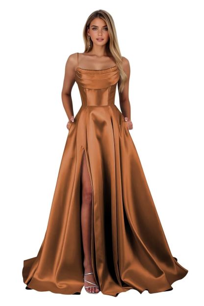 Spaghetti Straps Ruched Satin Prom Dresses Sleeveless Maxi Formal Evening Gown with Slit