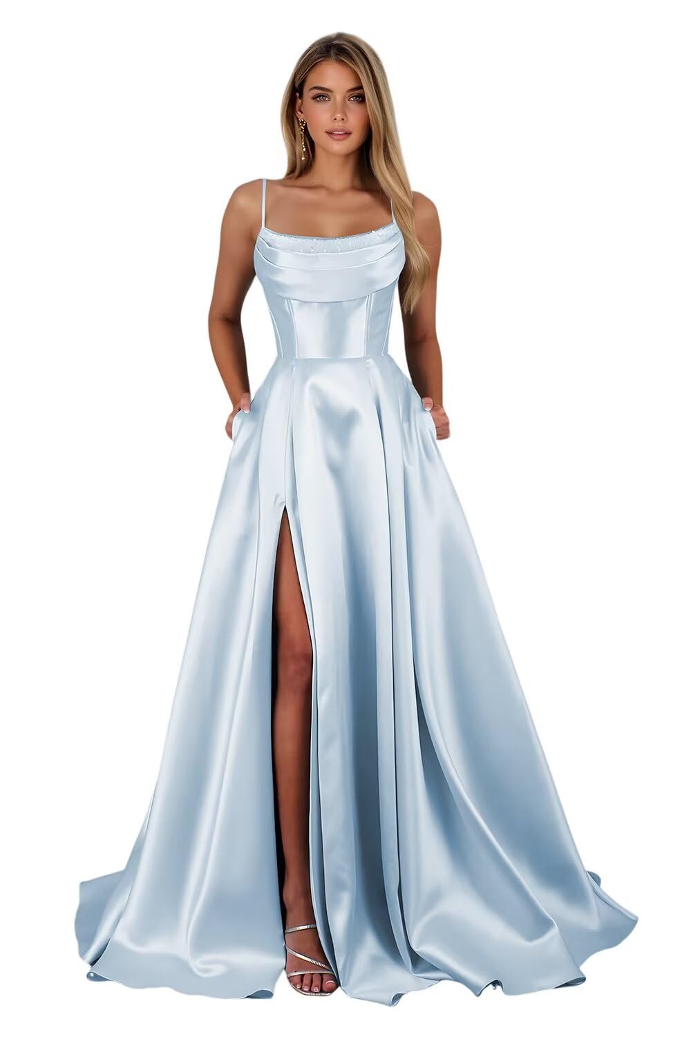 Spaghetti Straps Ruched Satin Prom Dresses Sleeveless Maxi Formal Evening Gown with Slit