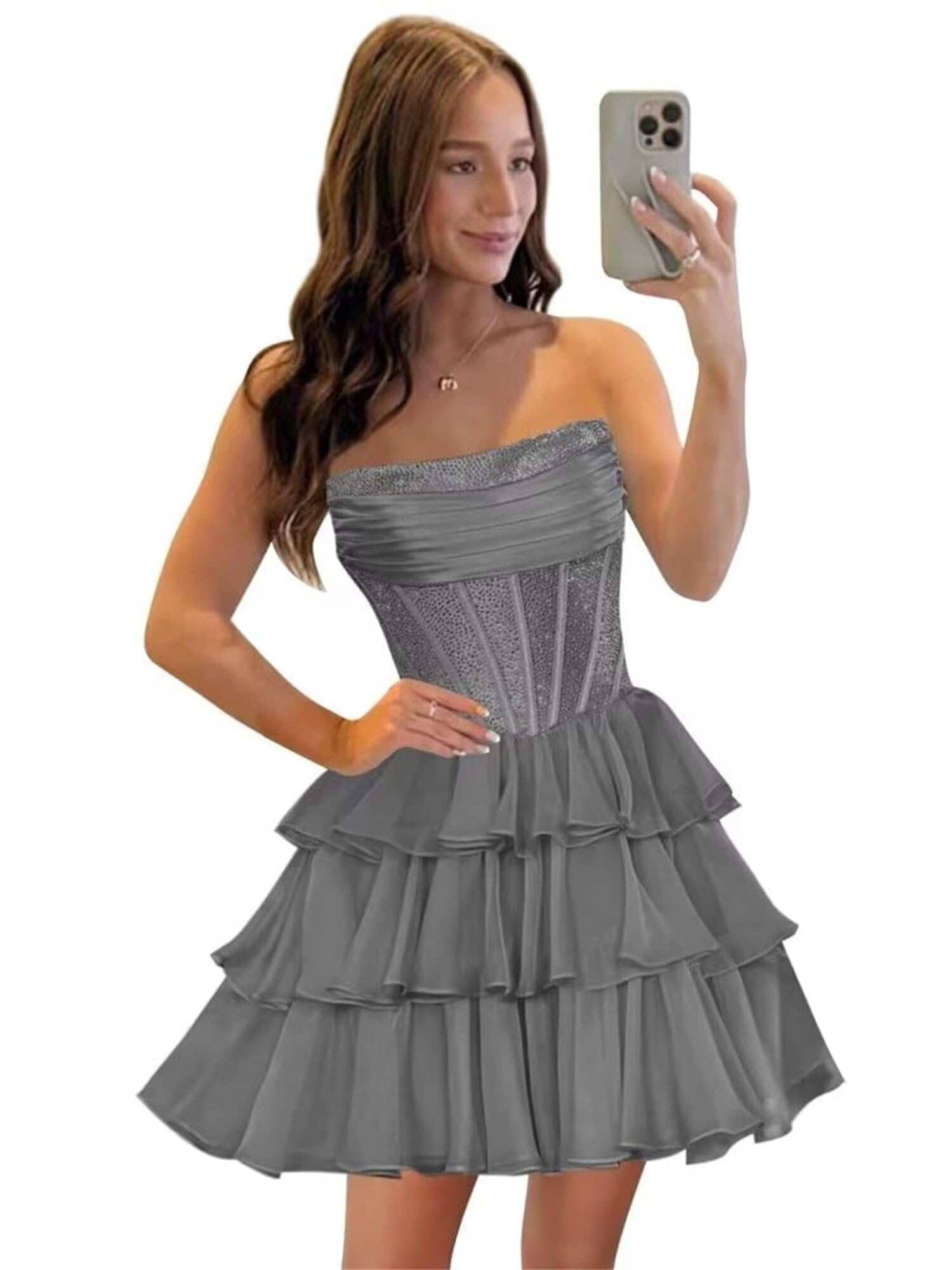 Strapless Sequin Chiffon Tiered Homecoming Dresses| A-Line Ruched Corset Short Prom Dresses