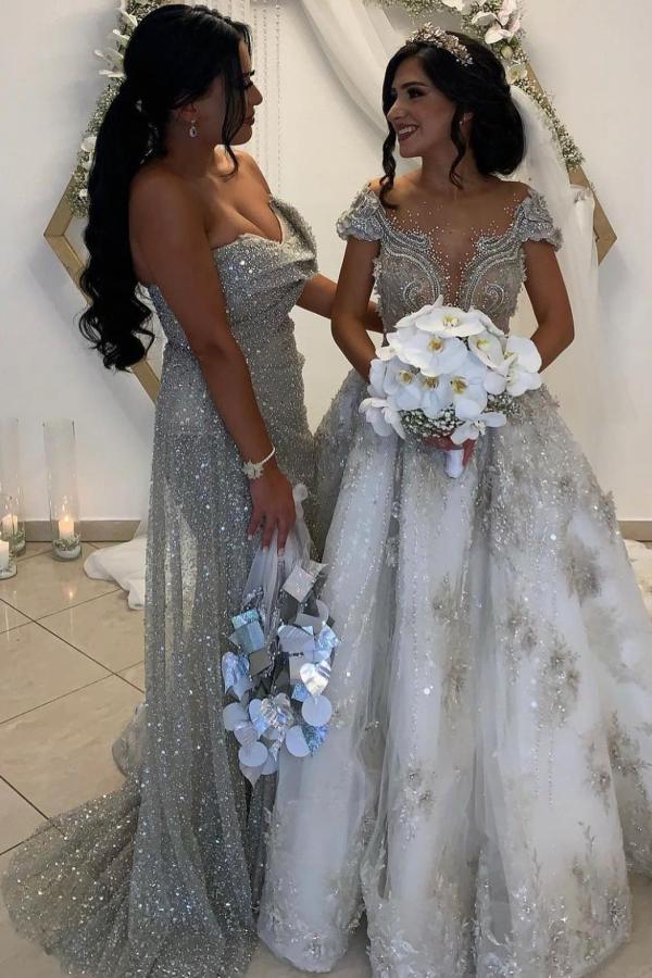 Sparkly Sequins Long Side Split Prom Dress Silver Off Shoulder Ruched Evening Dress with Side Sweep Train-Babyonlinewholesale