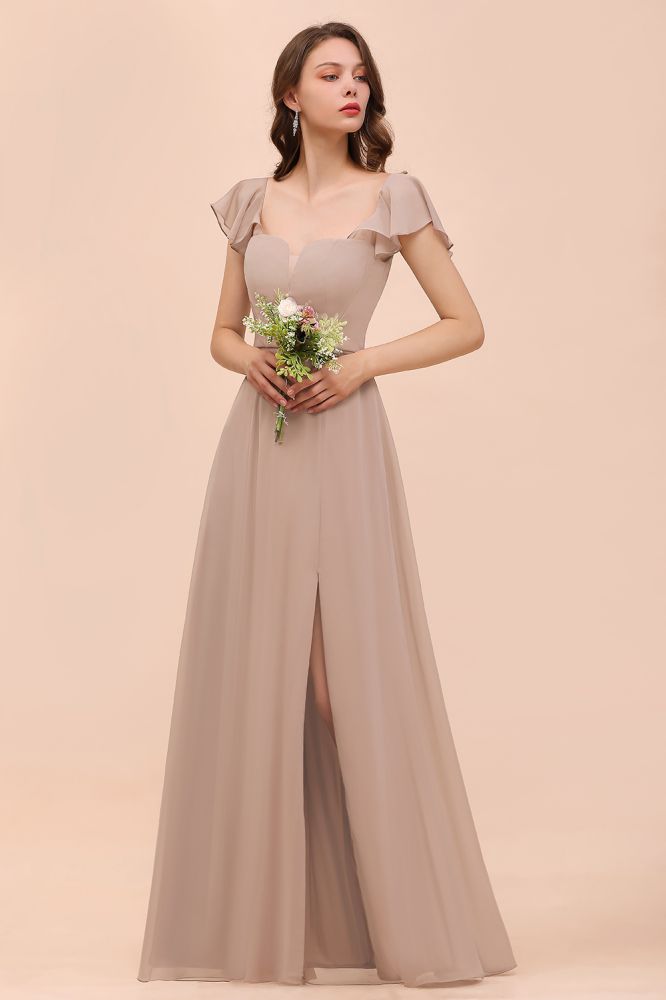 Cap Ruffle Sleeves Bridesmaid Dress with Side Slit