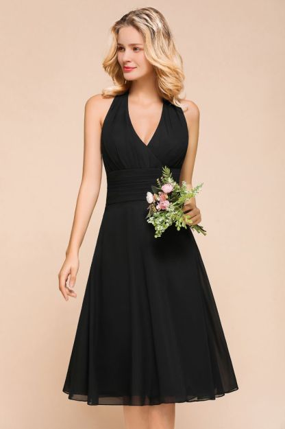 Chic Halter Black V-Neck Knee Length Party Dress