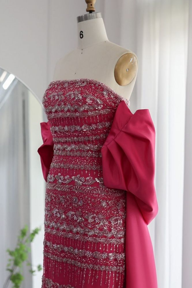 Gorgeous Strapless Glitter Beading Satin Mermaid Evening Gown with Ruffle Chapel Train