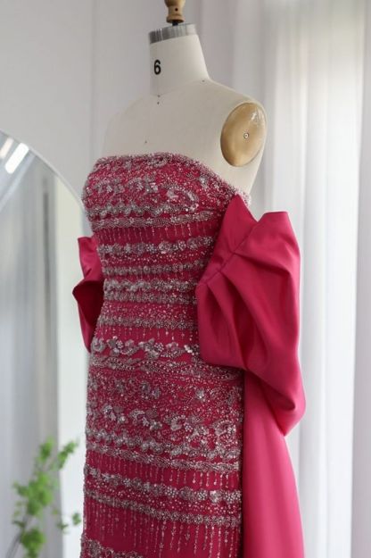 Gorgeous Strapless Glitter Beading Satin Mermaid Evening Gown with Ruffle Chapel Train