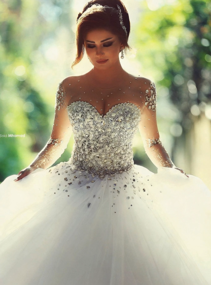 Luxury Crystals Beading Long Sleeves Ball-Gown Wedding Dresses