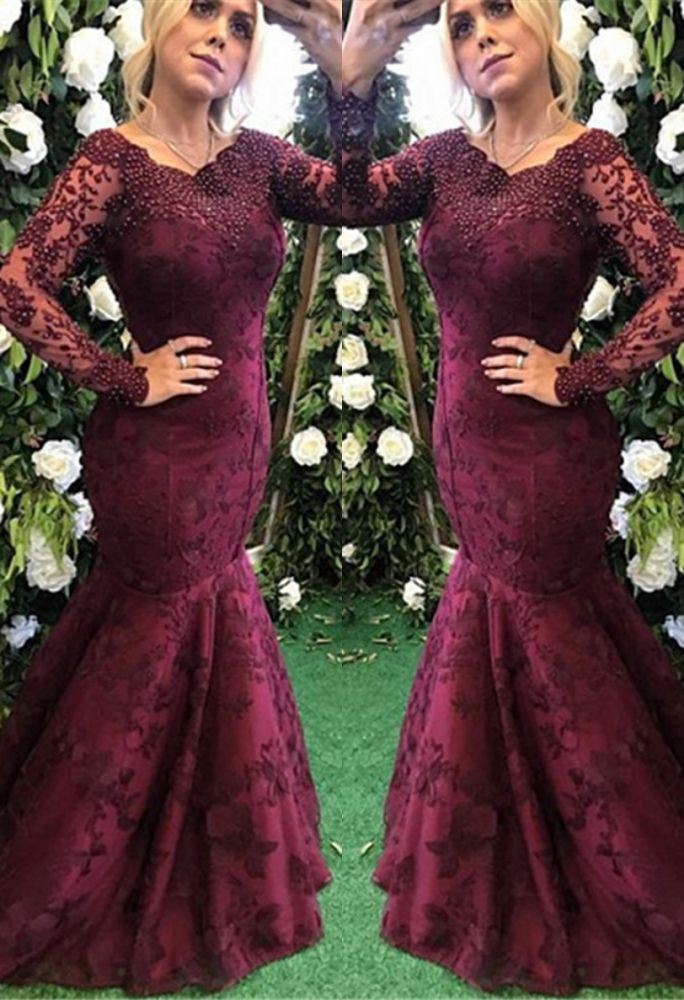 Elegant Long Sleeve Burgundy Evening Dress Mermaid Lace Appliques BMT