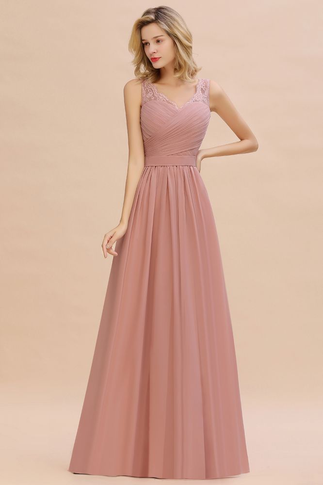 Beautiful V-neck Long Evening Dresses with soft Pleats | Sexy Sleeveless V-back Dusty Pink Womens Dress for Prom-Babyonlinewholesale