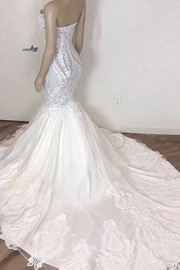 Stunning Strapless Mermaid White Beach Wedding Dress | Sexy Low Back Bridal Gowns on Sale