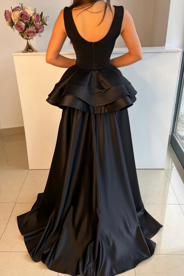 Black Bateau Sleeveless Tiered Floor Length Prom Dress
