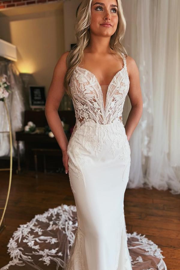 Straps V-neck White Lace Mermaid Wedding Dresses