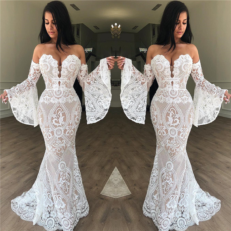 Off The Shoulder Lace Evening Dress Sexy | Strapless Bell Sleeves Prom Dresses Online