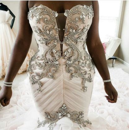Plus Size Mermaid Crystal Lace Beads Sweetheart Long Train African Custom Made Ruffles Wedding Dresses-Babyonlinewholesale