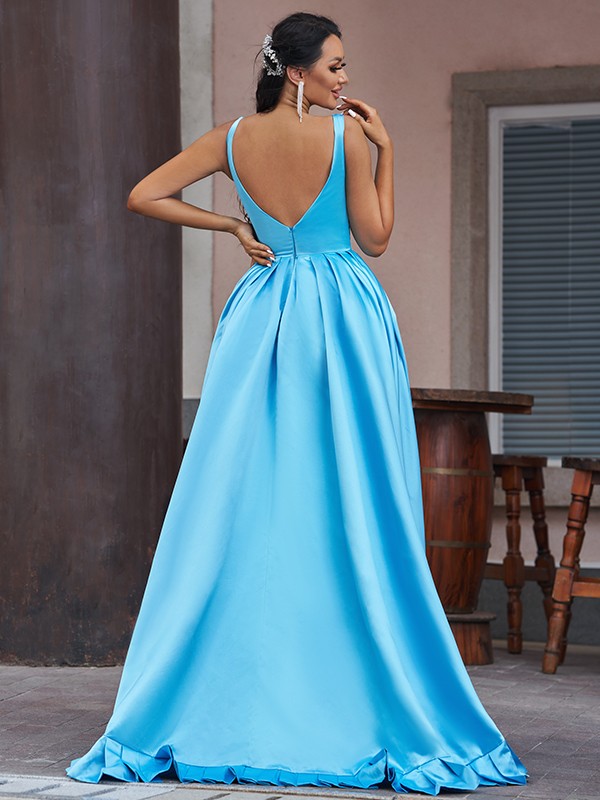 V-neck Sky Blue High low Sleeveless Satin Prom Dresses