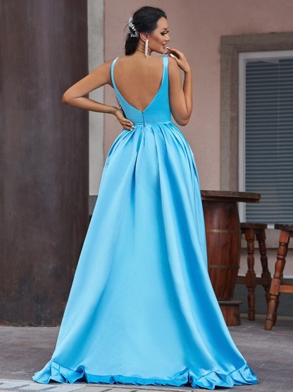 V-neck Sky Blue High low Sleeveless Satin Prom Dresses