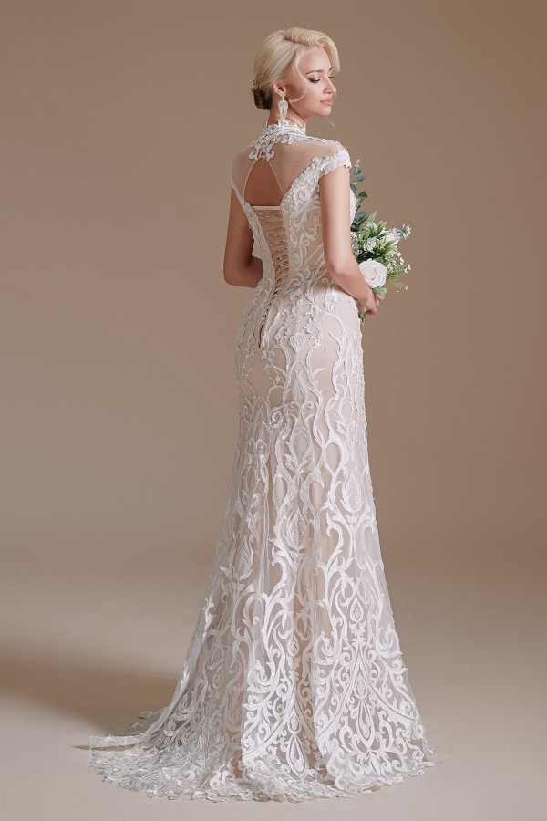 Chic Cap Sleeves White Mermaid Wedding Dress with Lace Appliques High Neck Bridal Dress
