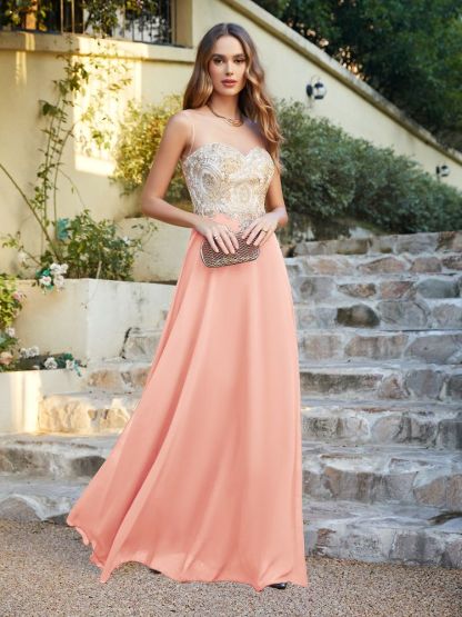 Sleeveless Lace Appliques Long Prom Dresses Chiffon Evening Party Gown