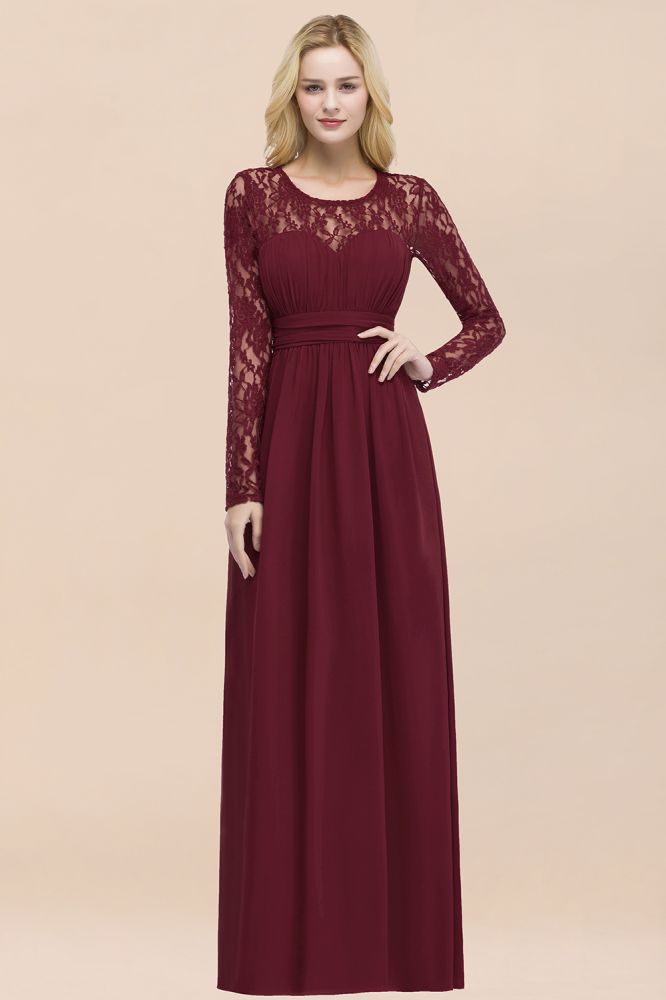 Long sleeves lace wine red chiffon bridesmaid dress