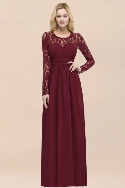 Long sleeves lace wine red chiffon bridesmaid dress