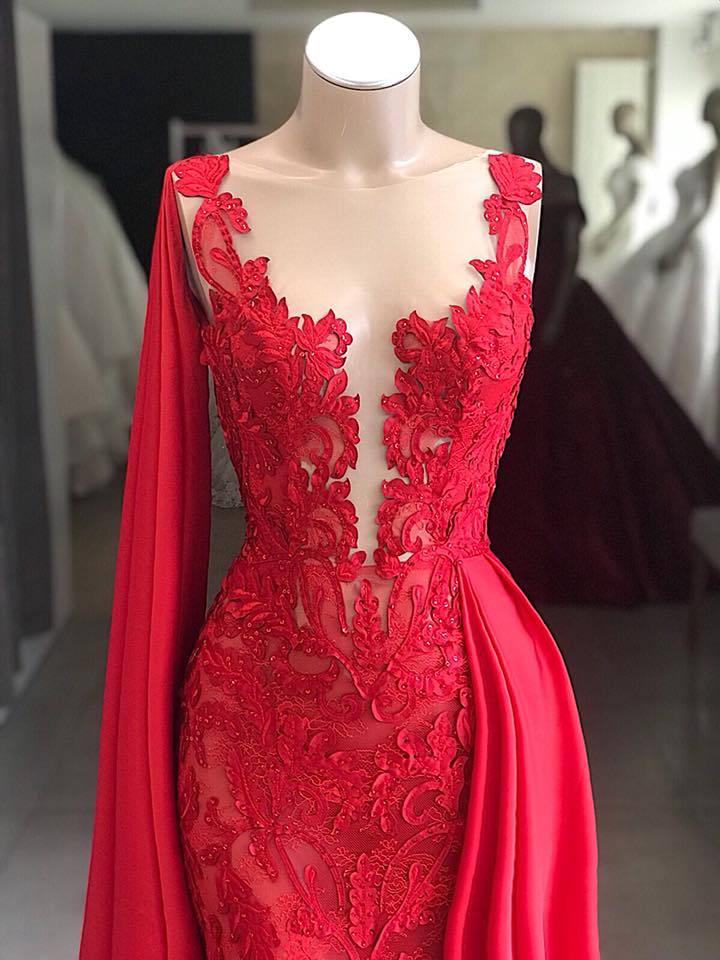 Lace Long Evening Dresses | Sleeveless Red Prom Dresses with Cape